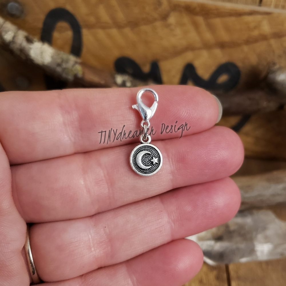 5/$25 Silver Moon Star Charm for Celestial Charm Bracelet Bag Clip Moon Jewelry